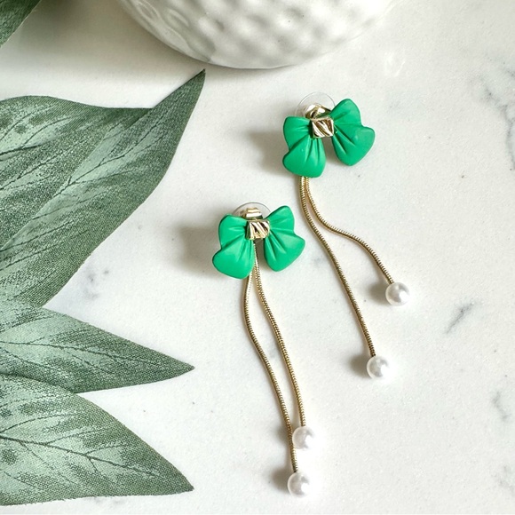 2/$30🌵 Green Bow Earrings Gold Pearl Tassel Fringe Fairy Kawaii Jewelry NEW - Picture 6 of 11
